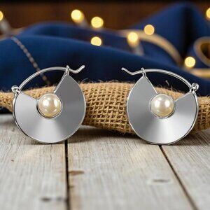 Modern‎ Minimalist Trendy Stainless Steel Earrings With Faux Pearl Accent